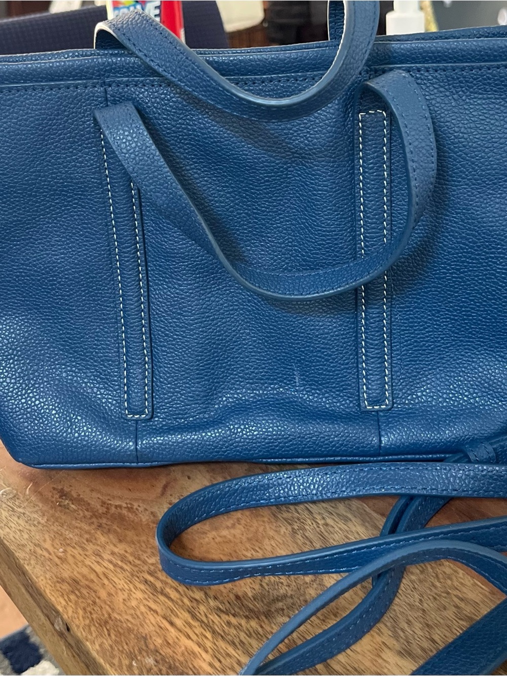 Structured Blue Leather Tote with Top Handles